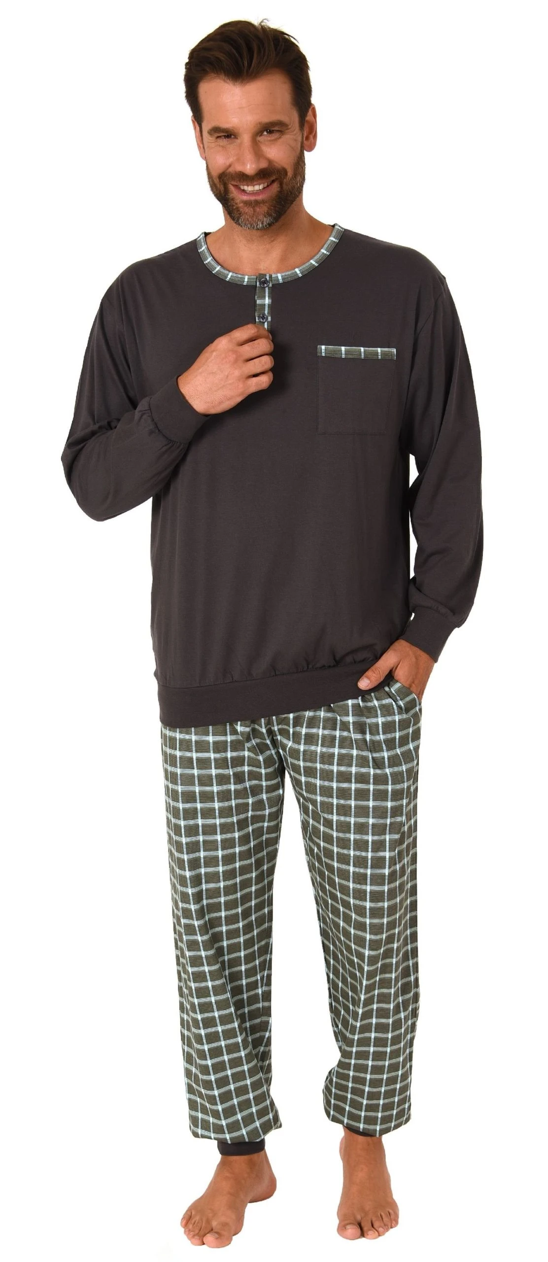 Normann Pyjama Herren Pyjama Schlafanzug Mit Bündchen Und Karierter Jersey Hose - Auch In Übergrössen 4 Normann Pyjama Herren Pyjama Schlafanzug Mit Bündchen Und Karierter Jersey Hose - Auch In Übergrössen – Bild 2