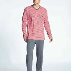 CALIDA Pyjama Calida Pyjama Rot Gestreift 41667 (1 Tlg., 1 Stück) Brusttasche