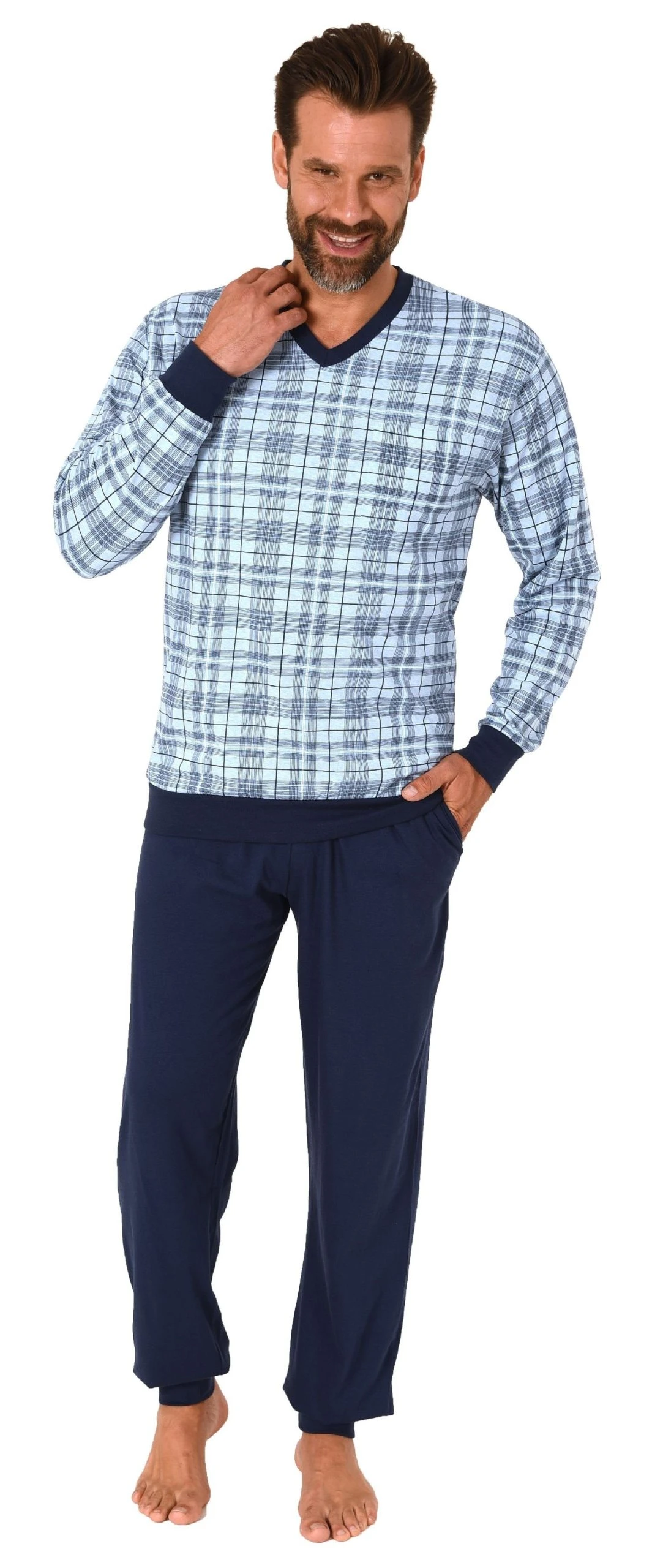 Normann Pyjama Normann Herren Langarm Schlafanzug Mit Bündchen Aus Jersey Und Karierten Pyjama Oberteil 3 Normann Pyjama Normann Herren Langarm Schlafanzug Mit Bündchen Aus Jersey Und Karierten Pyjama Oberteil