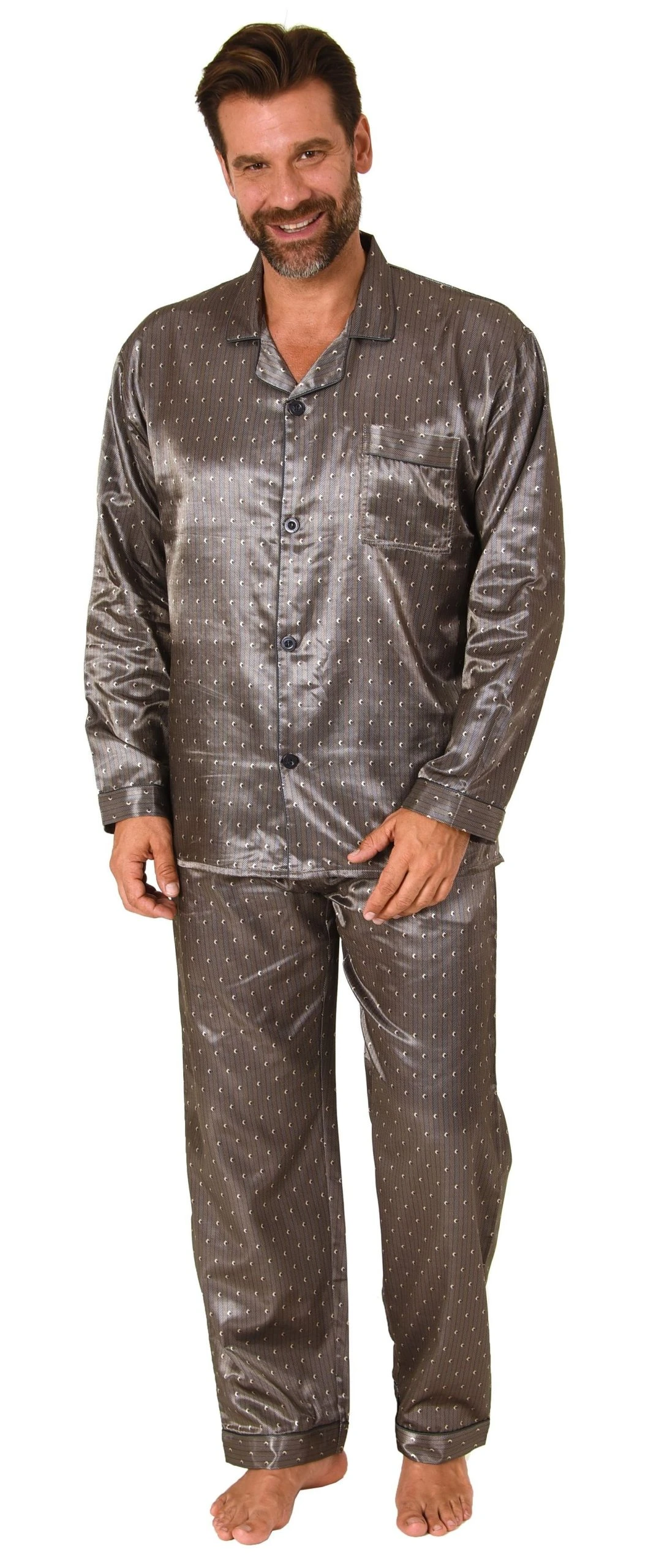 Normann Pyjama Edler Herren Satin Pyjama, Durchknöpfbarer Schlafanzug In Minimal-Optik 4 Normann Pyjama Edler Herren Satin Pyjama, Durchknöpfbarer Schlafanzug In Minimal-Optik – Bild 2