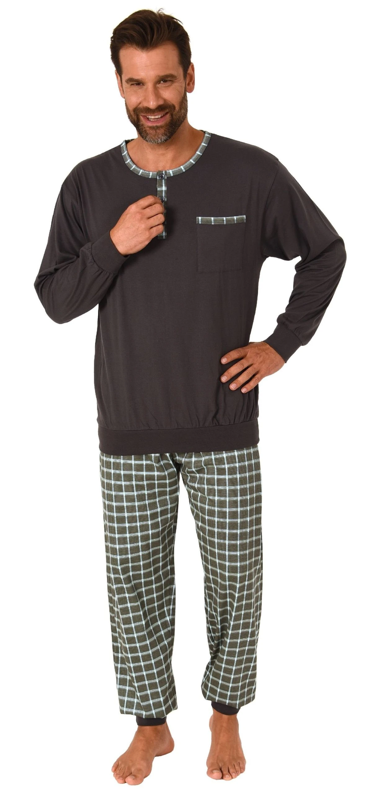 Normann Pyjama Herren Pyjama Schlafanzug Mit Bündchen Und Karierter Jersey Hose - Auch In Übergrössen 3 Normann Pyjama Herren Pyjama Schlafanzug Mit Bündchen Und Karierter Jersey Hose - Auch In Übergrössen
