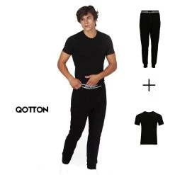 Qotton Pyjama Qotton Herren Jogger Schlafanzugset Schwarz Hose + Tshirt Aus Bester Baumwolle (Hose + Tshirt, 1 Tlg)