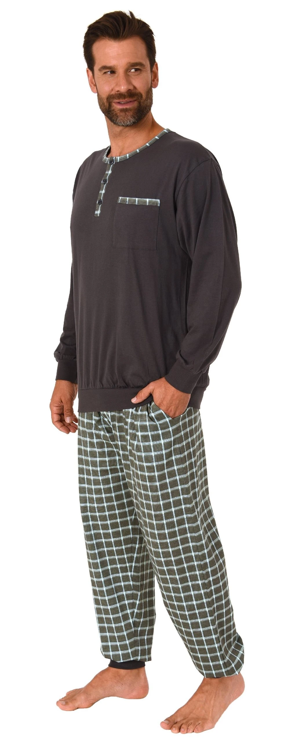 Normann Pyjama Herren Pyjama Schlafanzug Mit Bündchen Und Karierter Jersey Hose - Auch In Übergrössen 5 Normann Pyjama Herren Pyjama Schlafanzug Mit Bündchen Und Karierter Jersey Hose - Auch In Übergrössen – Bild 3