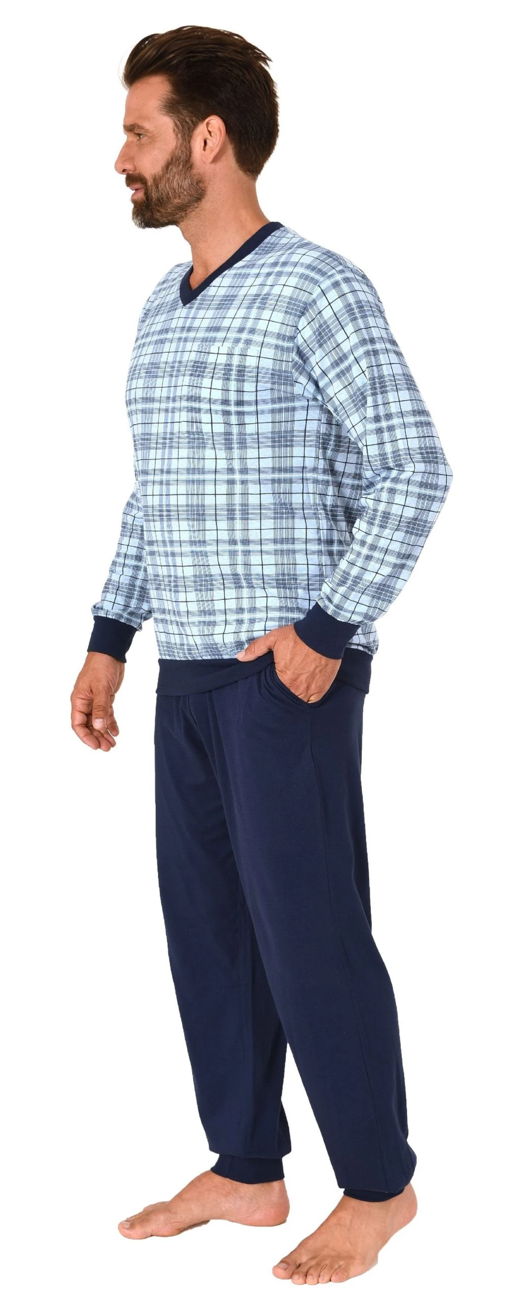 Normann Pyjama Normann Herren Langarm Schlafanzug Mit Bündchen Aus Jersey Und Karierten Pyjama Oberteil 4 Normann Pyjama Normann Herren Langarm Schlafanzug Mit Bündchen Aus Jersey Und Karierten Pyjama Oberteil – Bild 2